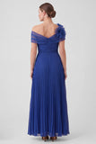 Off the Shoulder Royal Blue Pleated Long Mum of the Bride Dress with 3D Flower