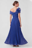 Off the Shoulder Royal Blue Pleated Long Mum of the Bride Dress with 3D Flower