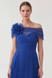 Off the Shoulder Royal Blue Pleated Long Mum of the Bride Dress with 3D Flower
