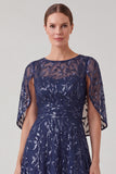 A Line Navy Mum of the Bride Dress with Cape