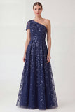 One Shoulder Navy Long Mum of the Bride Dress