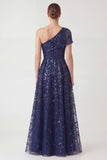 One Shoulder Navy Long Mum of the Bride Dress