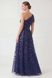One Shoulder Navy Long Mum of the Bride Dress