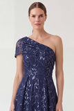 One Shoulder Navy Long Mum of the Bride Dress
