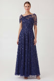 Navy A Line Mum of the Bride Dress with Short Sleeves