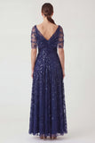 Navy A Line Mum of the Bride Dress with Short Sleeves