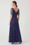 Navy A Line Mum of the Bride Dress with Short Sleeves
