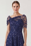 Navy A Line Mum of the Bride Dress with Short Sleeves