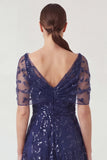 Navy A Line Mum of the Bride Dress with Short Sleeves