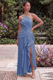 Lilac Pleated Ruffled Wedding Guest Dress with Slit