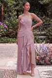 Lilac Pleated Ruffled Wedding Guest Dress with Slit