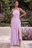Lilac Pleated Ruffled Wedding Guest Dress with Slit