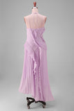 Lilac Pleated Ruffled Wedding Guest Dress with Slit