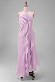 Lilac Pleated Ruffled Wedding Guest Dress with Slit