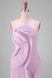 Lilac Pleated Ruffled Wedding Guest Dress with Slit