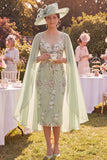 Sheath Green Floral Mum of the Bride Dress with Cape Sleeves