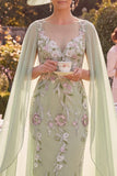 Sheath Green Floral Mum of the Bride Dress with Cape Sleeves