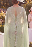 Sheath Green Floral Mum of the Bride Dress with Cape Sleeves