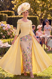 Yellow Off the Shoulder Sheath Floral Mum of the Bride Dress with Side Streamer