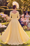 Yellow Off the Shoulder Sheath Floral Mum of the Bride Dress with Side Streamer