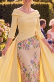 Yellow Off the Shoulder Sheath Floral Mum of the Bride Dress with Side Streamer