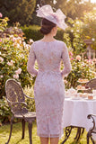 Lilac Floral Sheath Mum of the Bride Dress with 3/4 Sleeves