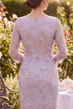 Lilac Floral Sheath Mum of the Bride Dress with 3/4 Sleeves