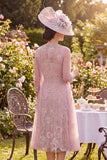 Blush Tulle Appliqued Midi Mum of the Bride Dress with Cape
