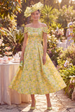 Floral Yellow Off the Shoulder Mum of the Bride Dress