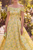 Floral Yellow Off the Shoulder Mum of the Bride Dress
