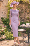 Grey Purple Sequin Sheath Off the Shoulder Mum of the Bride Dress