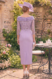 Grey Purple Sequin Sheath Off the Shoulder Mum of the Bride Dress