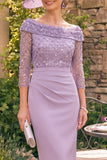 Grey Purple Sequin Sheath Off the Shoulder Mum of the Bride Dress