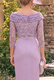 Grey Purple Sequin Sheath Off the Shoulder Mum of the Bride Dress