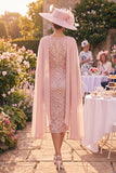 Sequin Blush Sheath Mum of the Bride Dress with Cape Sleeves