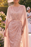 Sequin Blush Sheath Mum of the Bride Dress with Cape Sleeves