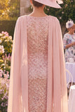 Sequin Blush Sheath Mum of the Bride Dress with Cape Sleeves