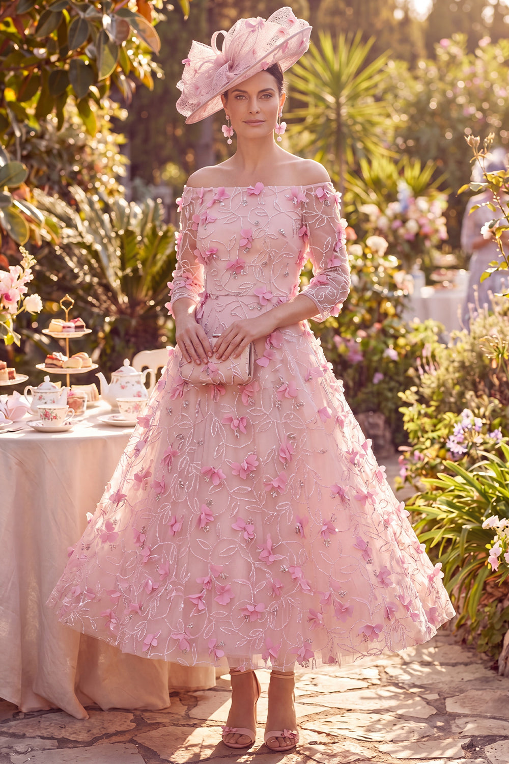Wedtrend Women Pink Floral Mum of the Bride Dress with Beading Off the Shoulder A Line Midi Race Dress with 3/4 Sleeves – Wedtrend UK