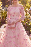Pink Floral Off the Shoulder Mum of the Bride Dress with Beading