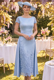 Blue Lace Sheath Mum of the Bride Dress with Side Streamer