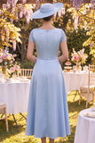 Blue Lace Sheath Mum of the Bride Dress with Side Streamer