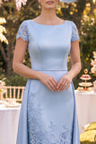 Blue Lace Sheath Mum of the Bride Dress with Side Streamer