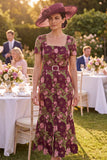 Burgundy Square Neck Floral Mermaid Mum of the Bride Dress with Belt