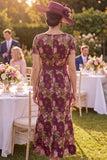 Burgundy Square Neck Floral Mermaid Mum of the Bride Dress with Belt