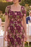 Burgundy Square Neck Floral Mermaid Mum of the Bride Dress with Belt