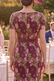 Burgundy Square Neck Floral Mermaid Mum of the Bride Dress with Belt