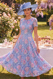 Lace Blue A Line Midi Mum of the Bride Dress with Short Sleeves