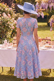 Lace Blue A Line Midi Mum of the Bride Dress with Short Sleeves