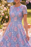 Lace Blue A Line Midi Mum of the Bride Dress with Short Sleeves