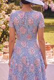Lace Blue A Line Midi Mum of the Bride Dress with Short Sleeves